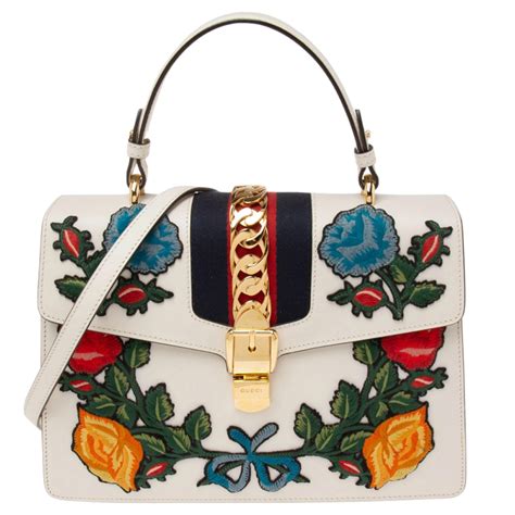 gucci white sylvie bag embroidery|Gucci sylvie bag price.